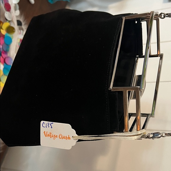 Salvatore Ferragamo Black Suede Clutch with Silver-Tone Frame - Picture 6 of 8